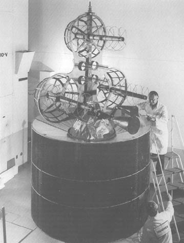 Figure 34. The first commercial mobile communications satellite, Marisat, in 1975, built by Hughes for Comsat and used by both U.S. Navy and merchant marine ships.