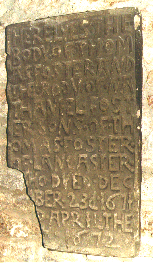 View of gravestone dating from 1672.