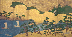 Pine trees by the shore c.1550 Muromachi period (1339?1574) Japan pair of six-fold screens: gold, ink and colour on paper each Collection of the National Gallery of Australia. Gift of Andrew and Hiroko Gwinnett and the National Gallery of Australia Foundation 2006