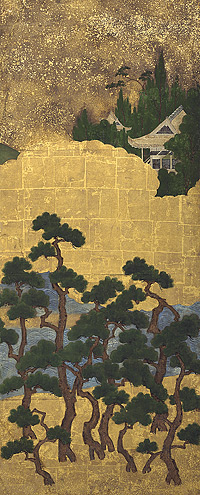 Pine trees by the shore c.1550 Muromachi period (1339?1574) Japan pair of six-fold screens: gold, ink and colour on paper each Collection of the National Gallery of Australia. Gift of Andrew and Hiroko Gwinnett and the National Gallery of Australia Foundation 2006