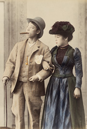 Kusakabe Kimbei Portrait of a young Japanese couple in western clothes c.1890 albumen silver photograph, colour dyes National Gallery of Australia, Canberra