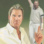 David Ralph's portrait showing Shane Warne in the foreground on the field in cricket whites (with a fellow cricketer in the background)