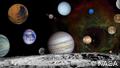 Sonnensystem: fotorealistische Grafik von Planetenansammlung mit Erde im Weltraum von der Mondoberfläche aus gesehen. Das Bild ist eine Montage mehrer Photos der Voyager-Mission. Es zeigt die Planeten des Sonnensystems und vier der Jupiter-Monde. unbekannt unbekannt Copyright NASA 
