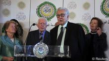 International peace envoy for Syria Lakhdar Brahimi (2nd R) speaks at a news conference at the Arab League headquarters in Cairo October 24, 2012. Syria said on Wednesday its military command was still studying a proposal for a holiday ceasefire with rebels - contradicting international mediator Brahimi's earlier announcement that Damascus had agreed to a truce. Also pictured are former Irish president Mary Robinson (R), former Norwegian prime minister Gro Harlem Brundtland (L) and former U.S. president Jimmy Carter. REUTERS Mohamed Abd El Ghany (EGYPT - Tags: POLITICS CONFLICT)
