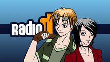 Logo von Radio D; junger Mann und junge Frau stehen Rücken an Rücken