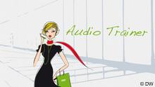 Logo des Audiotrainers; eine junge Frau mit MP3-Player und Einkaufstüte