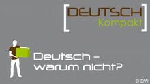 Logo von Deutsch warum nicht; ein Mann hält eine grüne Kiste