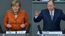 Bildcombo: Berlin/ Bundeskanzlerin Angela Merkel (CDU) gestikuliert am Donnerstag (18.10.12) im Deutschen Bundestag in Berlin bei ihrer Regierungserklaerung zum Europaeischen Rat. Merkel hat Griechenland Versaeumnisse bei den versprochenen Reformen vorgeworfen. Die Lage in Griechenland ist alles andere als einfach, sagte sie am Donnerstag in einer Regierungserklaerung im Bundestag. Vieles gehe zu langsam voran, strukturelle Reformen liefen oft nur im Schneckentempo ab. Ausserdem arbeite die Verwaltung an vielen Stellen unzureichend. (zu dapd-Text) Foto: Oliver Lang/dapd***Berlin/ Peer Steinbrueck, frueherer Bundesfinanzminister und designierter SPD-Spitzenkandidat fuer die Bundestagswahl 2013, spricht am Donnerstag (18.10.12) im Bundestag in Berlin. (zu dapd-Text) Foto: Oliver Lang/dapd