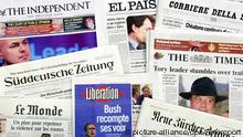 Die Titel verschiedener europäischer Tageszeitungen, aufgenommen am 7.11.2002. Die Zeitungsverlage im In- und Ausland sind fast ausnahmslos durch die sinkenden Werbeausgaben der Wirtschaft und dem damit verbundenen Rückgang auf dem Anzeigenmarkt gebeutelt. Sie müssen Mitarbeiter entlassen und andere Sparmaßnahmen vornehmen.