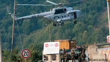 A EULEX transport helicopter carrying EULEX customs and police officers landing at the Brnjak crossings, Kosovo, 16 September 2011. The barricades have been multiplying throughout the enclave as the deadline moved closer for a change of the regime at two border crossings linking the enclave with Serbia proper. 
Photo: EPA/STR +++(c) dpa - 