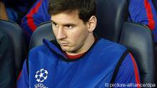 FC Barcelona's Argentinian striker Lionel Messi sits on the bench during the UEFA Champions League semi final second leg soccer match between FC Barcelona and Bayern Munich at Camp Nou in Barcelona, Spain, 01 May 2013. (Photo via EPA/ANDREU DALMAU)
