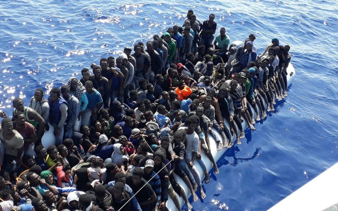 A Libyan coast guard photo of a ship of 490 African migrants intercepting on their way to Europe on Sunday. 