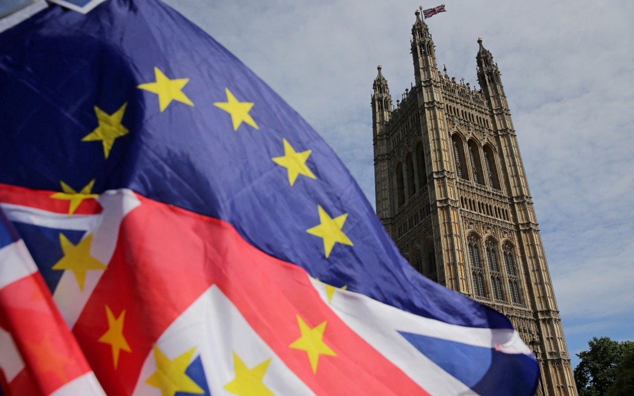 Pro-EU demonstrators wave a mixed EU and Union flag outside the Palace of Westminster